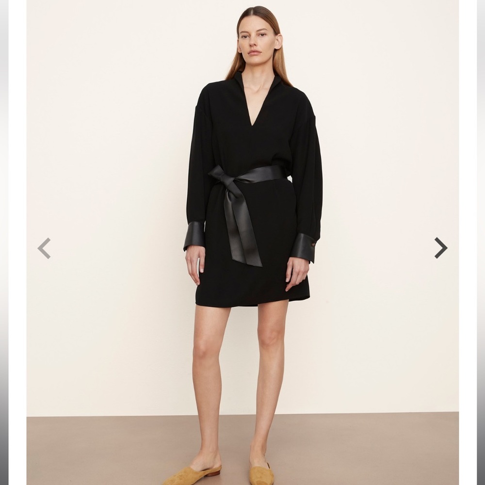 VINCE Faux Leather Long Sleeve Slit-Neck Dress